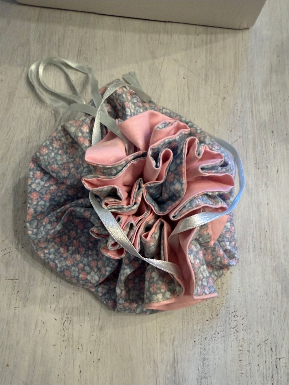 Floral Pink Drawstring Ruffle Cosmetic Pouch